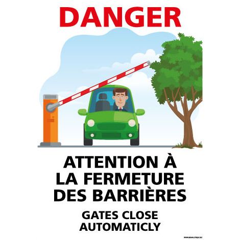 PANNEAU DANGER ATTENTION A LA FERMETURE DES BARRIERES (H0444) - Adhésif - 75 x 105 mm