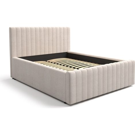 Lit double ELORIA 160x200 en tissu bouclé beige avec tête de lit capitonnée et sommier inclus (1/5)