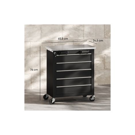 Servante d atelier argentée et noire en acier avec 5 tiroirs et roulettes pour garage atelier et bricolage (1/5)