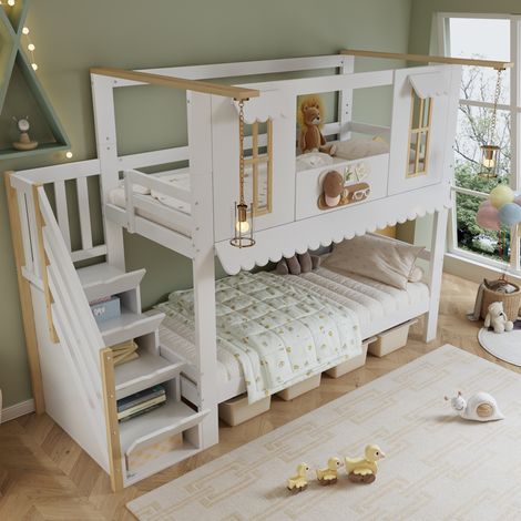 Lit superposé 90 x 200 cm enfant en bois blanc et marron avec rangements et déco (1/5)