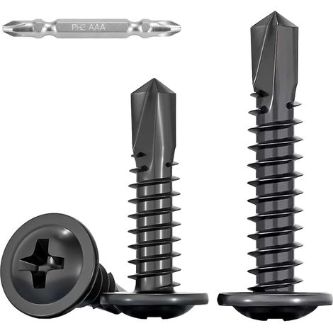 100 Pièces Vis Autoforeuse Metal Noir,M4,8x19mm Vis à Tôle Autotaraudese et Autoperceuse Autoperforante Inox 410 Cruciforme Tête Ronde Large Bombé avec 1 Bits pour Aluminium Bois Plastique. (1/5)