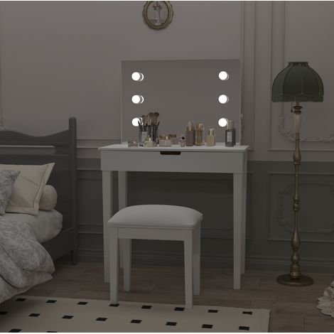 Schminktisch aus MDF weiß mit Spiegel, 2 Schubladen, Hocker und LED (1/5)