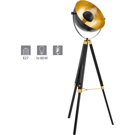 EGLO Lampada a stelo CovaLeda, industrial, vintage, piantana in legno e acciaio, lampada da soggiorno in nero, oro e ottone, lampada con interruttore, attacco E27 (1/5)