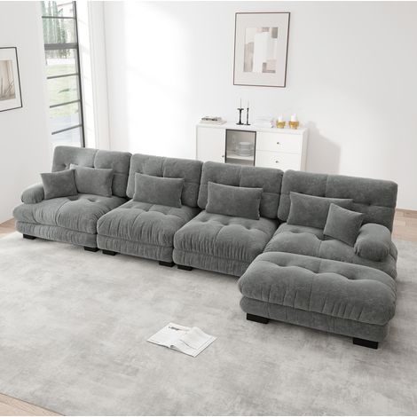 Canapé d’angle modulaire gris en chenille avec ottomans mobiles (1/5)