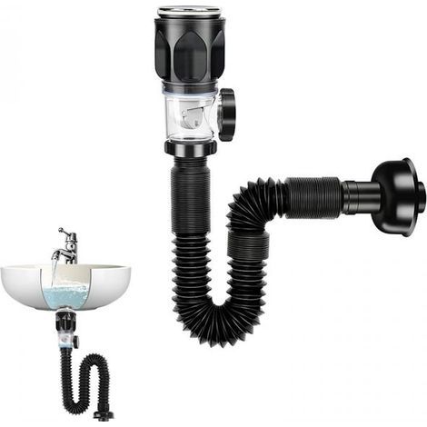 Bonde de lavabo avec trop-plein, tuyau de vidange, pop-up, bouchon de vidange, siphon flexible, en PVC, noir, pour cuisine, évier, salle de bain (1/5)