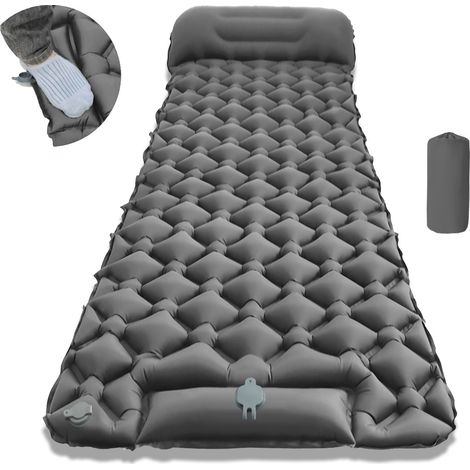 Matelas de camping gonflable avec oreiller intégré – Matelas de sol ultraléger avec pompe intégrée – Matelas de sol compact et portable pour le camping, la randonnée et le trekking – Gris
