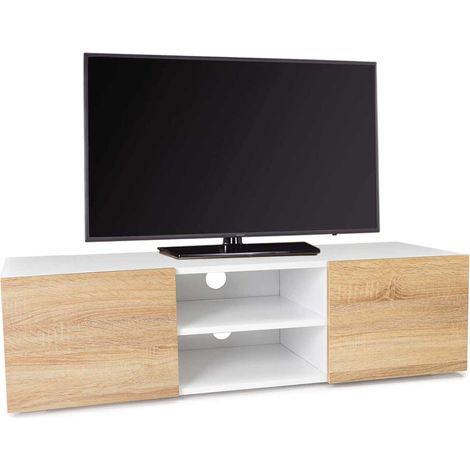 Idmarket – Meuble TV 113 cm blanc – 2 rangements fermés – 2 espaces ouverts – Panneaux de particules – Design contemporain – Pour petits et grands espaces