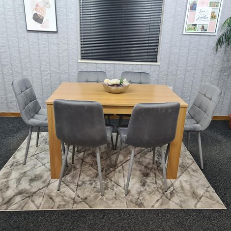 Dining Table and 6 Chairs With Bench Oak Effect Wood 6 Grey Velvet Chairs Dining Room (1/5)