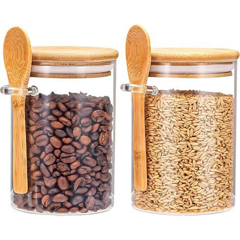 Set aus 2 luftdichten Glasbehältern zur Aufbewahrung von Müsli und Trockenfrüchten, mit Bambusdeckeln und Löffeln, Modell . (1/5)