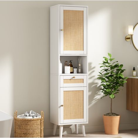 Meuble colonne de salle de bains 166 cm en MDF blanc, portes tressées réversibles gauche/droite, tiroir et niche ouverte, fermeture magnétique, montage anti-basculement – CHICFURN (1/5)