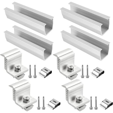 Lot de 4 supports de panneau solaire - 12 cm - Rail en aluminium avec pinces réglables de 30 à 45 mm - Kit de montage PV pour toit plat, toit trapézoïdal (1/5)