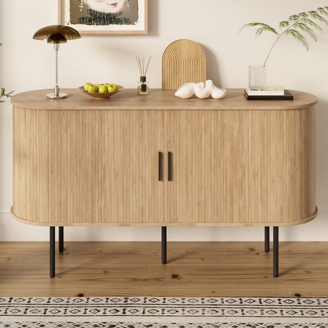 Buffet bas de salon 140x40x78 cm, Enfilade scandinave avec portes coulissantes à rideaux, Meuble de rangement en MDF et pieds en métal, Naturel (1/5)