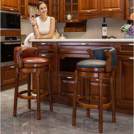 Sgabelli da Bar 54.8x54.8x83 cm, Girevoli 360° con Schienale, Cuscino, in Legno e Pelle di Mucca, Blu, per Cucina, Sala da Pranzo (1/5)