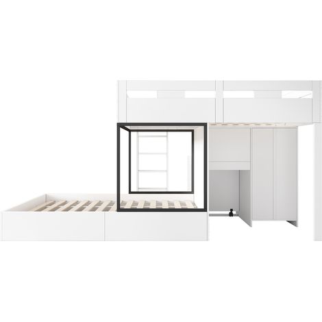 Cama alta multifunción 90 x 200 cm con escritorio extraíble y armario blanca (1/5)