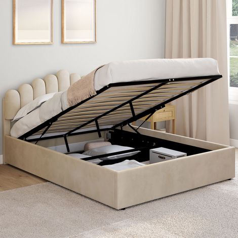 Cama de matrimonio NOELIE con cabecero y somier de terciopelo beige de 140 x 190 cm