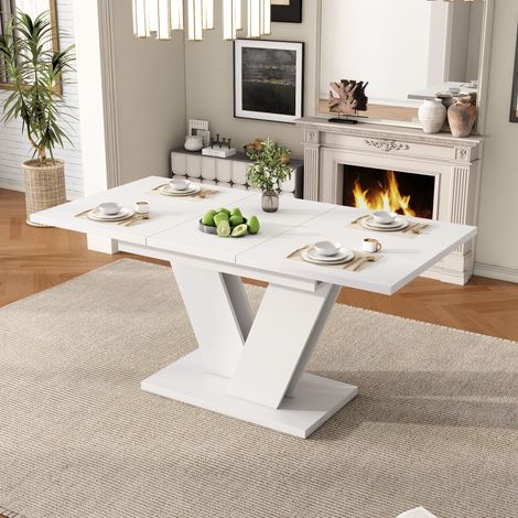 Ausziehbarer Esstisch 120/160x80 cm Weiß aus MDF mit V-förmigen Metallbeinen (1/5)