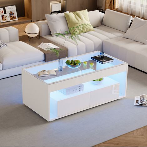 Tavolino basso bianco 100x50x40 cm con LED e 2 cassetti, vetro temperato, truciolato MEUBLIV (1/5)