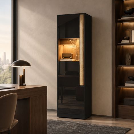 Vetrina 50x40x179 cm in pannelli truciolari/acrilico, nero e naturale, LED regolabile – MEUBLIV (1/5)