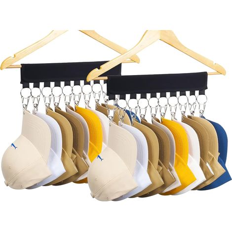 Porte-Casquettes - 10 Pinces Acier Inoxydable - Compatible Tous Cintres et Chapeaux - Rangement Multifonctionnel - Lot de 2 - Noir (1/5)