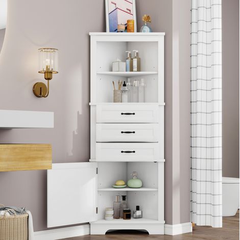 Meuble d’angle salle de bains 57,7×46×167,5 cm en MDF blanc, rangement gain de place – MEUBLIV (1/5)
