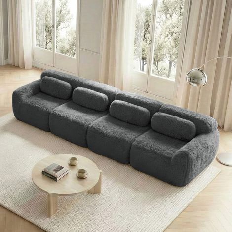 Canape d'angle modulable en tissu peluche gris OKMYHOME (1/5)