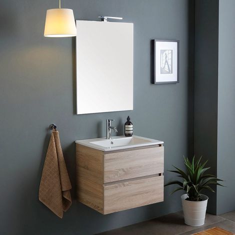 Mobile Bagno 60Cm 2 Cassetti Effetto Legno Specchio Con Lampada Berlin