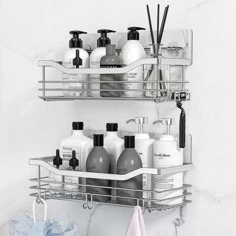 Étagère de douche, sans perçage, fixation murale, acier inoxydable, avec crochets, argent, lot de 2 (1/5)