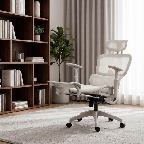 Ergonomischer Mesh-Bürostuhl, neigbare Rückenlehne 135°, verstellbare Kopfstütze, Beige HAVRYA (1/4)