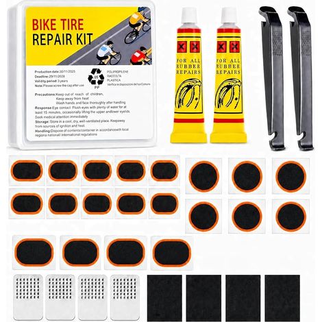CNMTCCO Kit de réparation de vélos, Comprenant 20 rustines, 2 Solutions de réparation pour pneus, 2 démonte-pneus, 4 Bandes de Papier de Verre, 4 Limes métalliques (1/5)