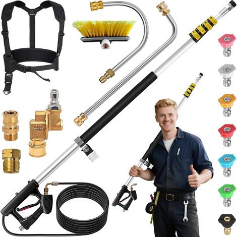 Lance télescopique pour nettoyeur haute pression, 7,3 m, avec 3 rallonges, 5 buses, 2 raccords et sangle de transport (4000 PSI) (1/5)