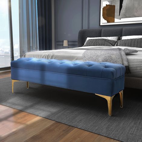 Panca imbottita 118 × 45 × 42 cm in velluto blu con gambe dorate (1/5)