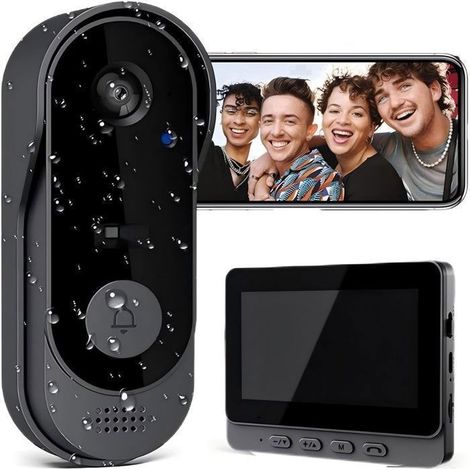 1 Sonnette sans fil, Caméra 1080p, Interphone vidéo, Écran 4,3 pouces, Détection PIR, Vision nocturne, Extérieur