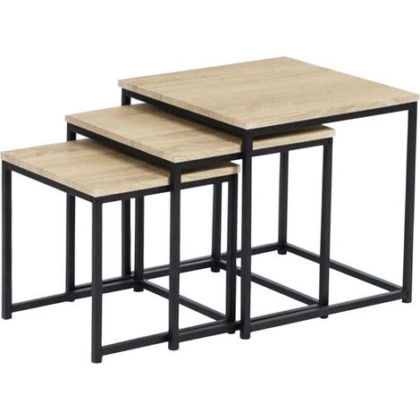Table basse - JUANIO - Set de 3 tables - Carré - Plateau bois naturel - Pieds métal noir (1/4)
