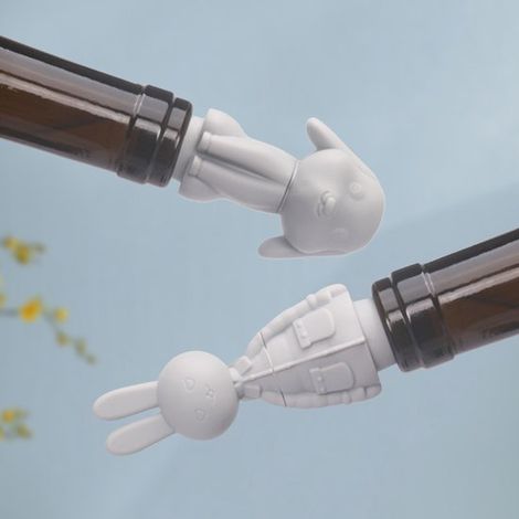 Ensemble de 2 bouchons à vin en silicone, ornés de jolis lapins et chiens, réutilisables, pour bouteilles de vin et spiritueux, accessoire de cuisine et de bar. (1/2)