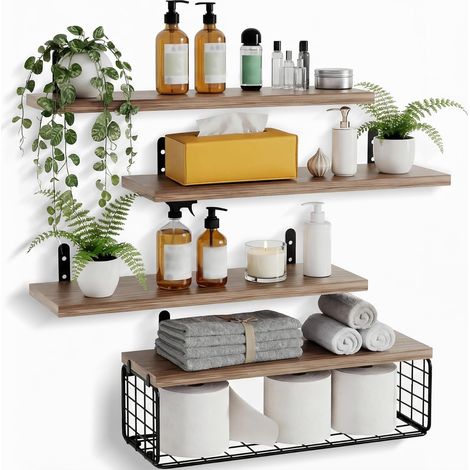 Lot de 4 Étagère Murale en Bois 40cm en Bois avec Panier en Métal, Brun (1/5)