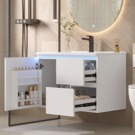 Mobile bagno sospeso sotto lavabo con LED, 2 cassetti e ripiano portaoggetti, bianco (1/5)
