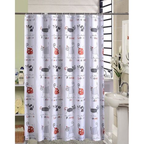 KLVGTIFS PU - 180 x 200cm Rideau de Douche avec 12 Crochets Séchage Rapide(chat), Tissu Polyester Imperméable Lavable en Machine, Rideaux Salle (1/5)