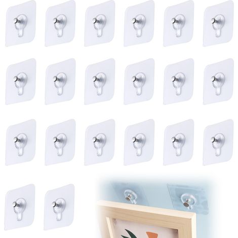 20pcs Fixation Cadre Sans Percer, Ensemble de Clous Adhésifs Muraux Transparent - Crochets Collants pour Suspension de Cadres, Photos, Miroirs - pour Salon, Salle de Bain, Cuisine (1/5)