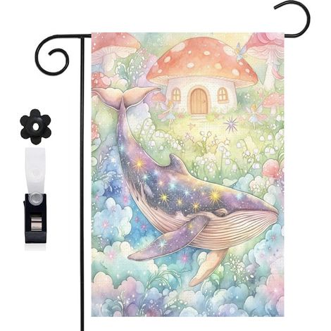 Drapeau de jardin décoratif 30 x 45 cm motif baleine et ciel étoilé style enchanté toile double face (1/5)