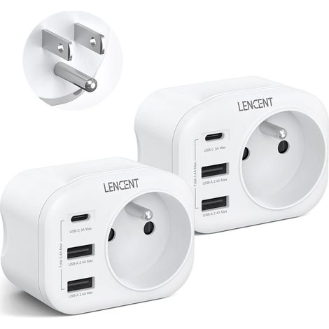 2 Packs Adaptateur Prise USA Américaine Canada Mexique Thaïlande Adaptateur de Voyage 2 Ports USB et 1 Port USB-C adapté aux États-Unis, Adaptateur électrique Mâle USA/Femelle France (1/5)