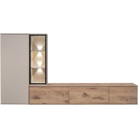 Ensemble meuble TV mural Clare avec vitrine et éclairage LED - Bois MDF cachemire et chêne Viking - 240 x 125 x 35 cm - Livraison gratuite (1/5)