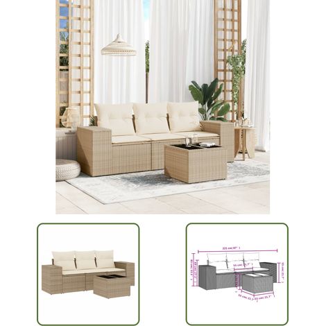 The Living Store 4-tlg. Garten-Sofagarnitur mit Kissen Beige Poly Rattan - Gartenmöbel - PE-Rattan Möbel - Outdoor Lounge Set - Esstischset - Balkonmöbel (1/3)