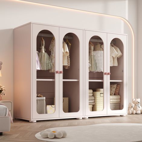 Kinderkleiderschrank 2-türig 2er-Set - 160x50x120 cm kleiderschrank babyzimmer mit kleiderstange acryltransparenten türen und keramikgriffen mdf lackiert - rosa (1/5)