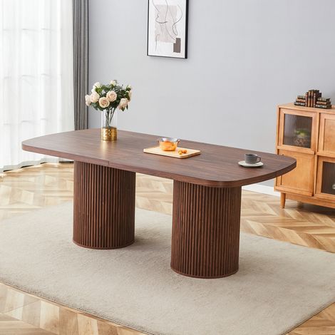 Table de salle à manger ovale moderne en MDF bois naturel, pied central cannelé, style Wabi-Sabi & Mid-Century, pour cuisine et salon (1/4)
