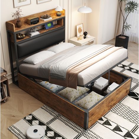 Cama con arcón 90x200 cm, con elevación hidráulica, USB, cabecero tapizado, madera y metal negro (1/5)