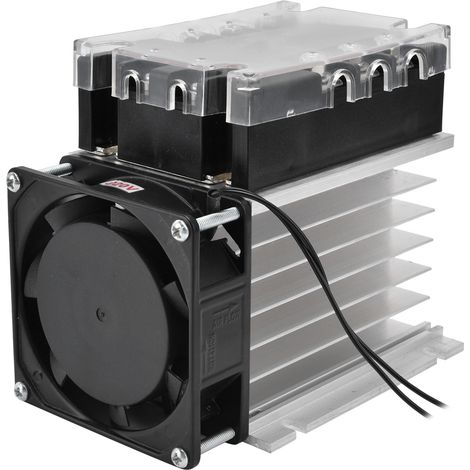 Relais statique triphasé 100A TSR-100DA-R avec radiateur, module de commande renforcé pour automatisation industrielle, process de charge fiable, tension 12-480VAC. (1/5)