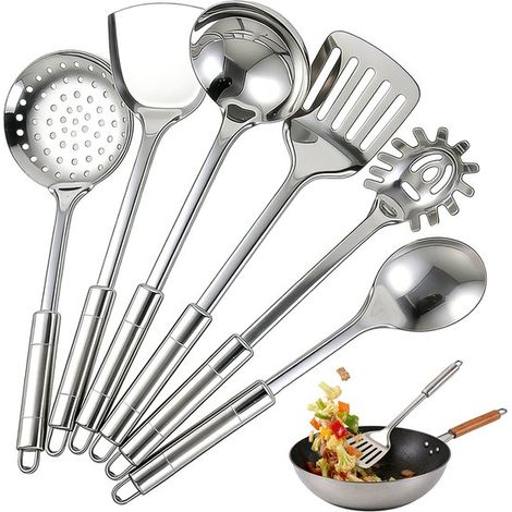 Set di 6 utensili da cucina in acciaio inox (410), pentole antiaderenti, accessori da cucina in metallo resistenti al calore, modello appendibile. (1/5)