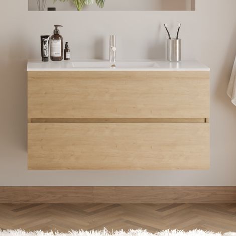Meuble de salle de bain 100cm simple vasque - sans miroir - 2 tiroirs - nebraska (bois clair) - IDA (1/4)