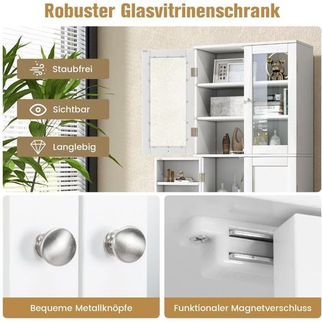 Dans la cuisine ou le salon, rangement optimisé avec buffet haut blanc à 2 portes en verre et étagères (1/5)
