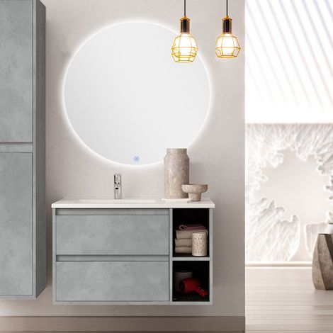 Meuble de salle de bain vasque déportée - 2 tiroirs - ciment (gris) - OLYMPE et miroir rond Led SOLEN - 80cm (1/4)